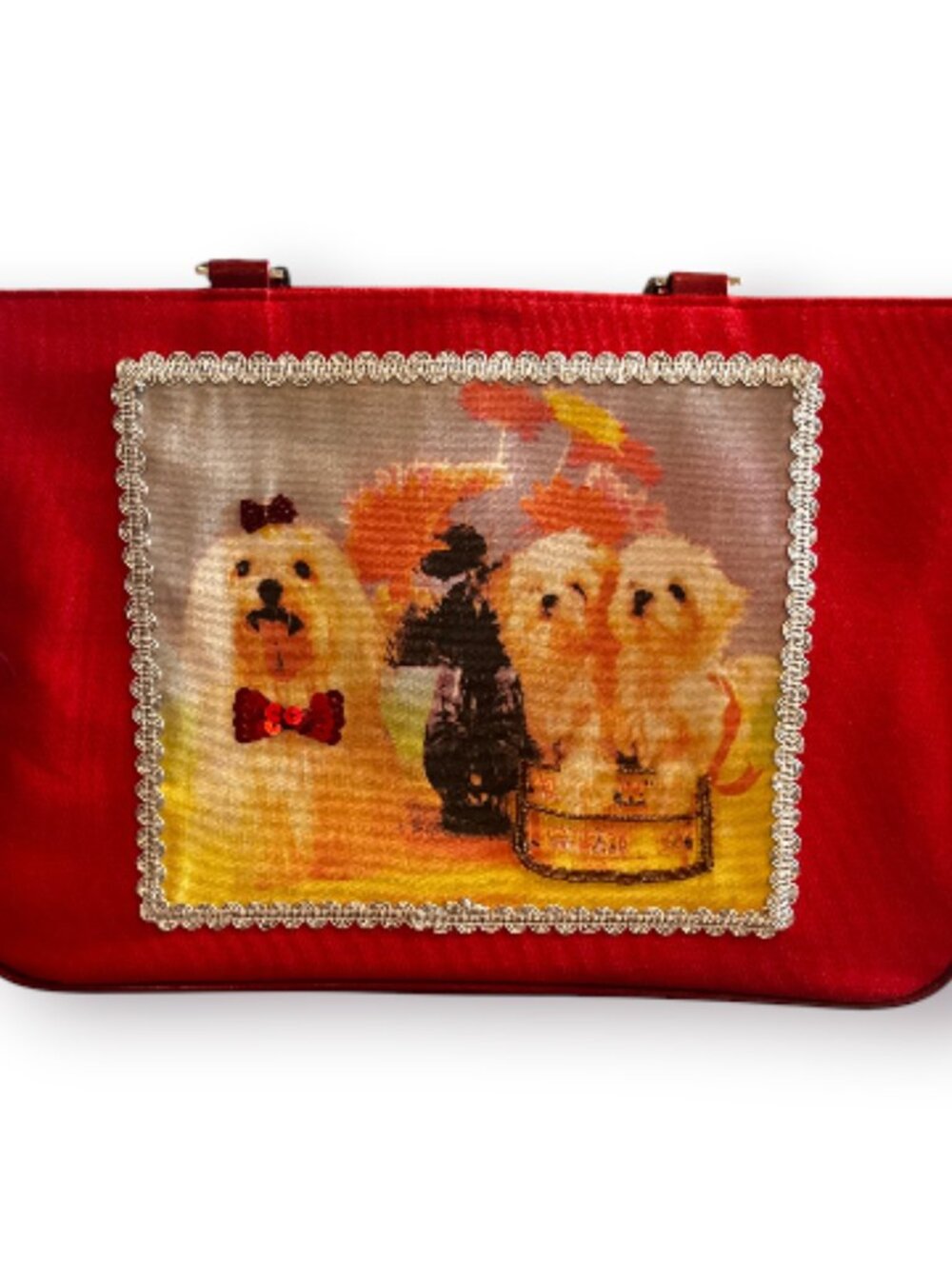 PREZZO Vintage Red Satin Maltese Dog Graphic Tote Bag Purse Pristine EUC